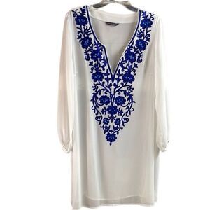 M&S Collection Women’s Sheer Tunic Swim Cover Embroidered White Royal Blue